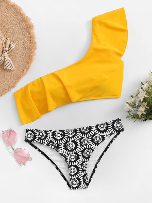 

Произвольный цветочный комплект бикини с одним плечом и оборками, null