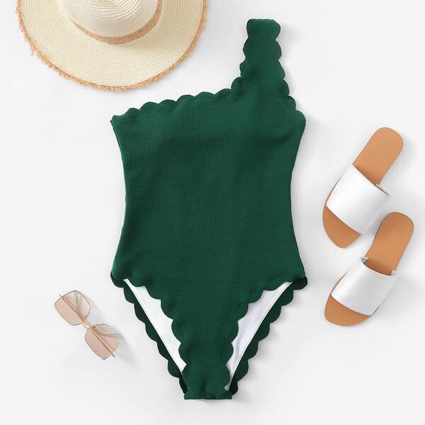 

Scalloped Trim One Shoulder One Piece Swimsuit, Green
