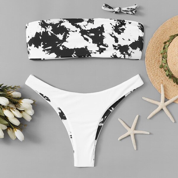

Random Marble Print Bandeau With High Leg Bikini