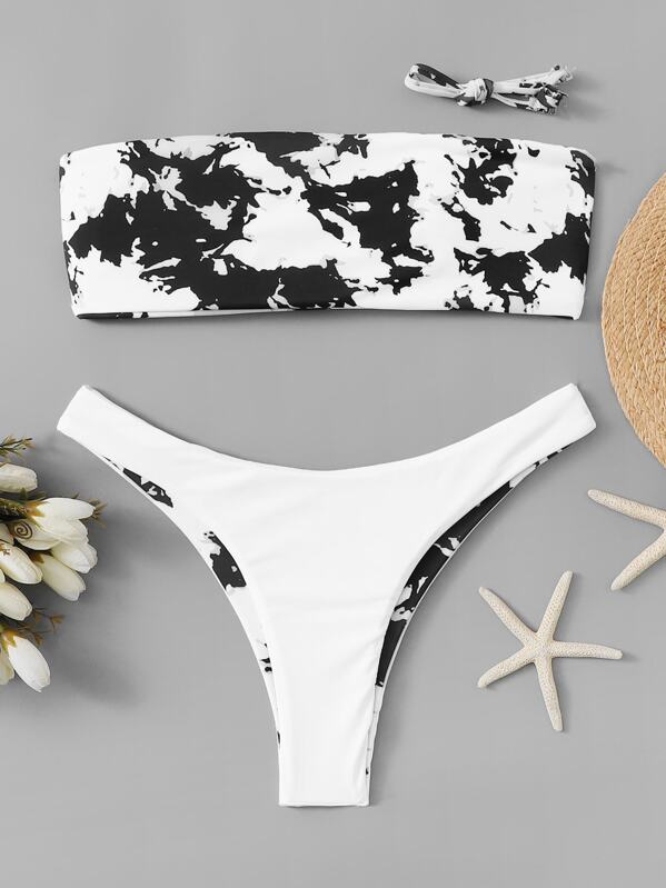 

Random Marble Print Bandeau With High Leg Bikini, Black and white