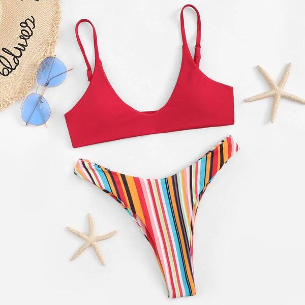

Plunge Cami With Striped Pattern Panty Bikini Set