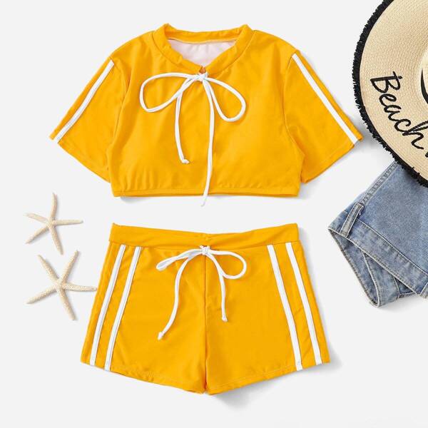 

Short Sleeve Top With Drawstring Two Piece Swimwear