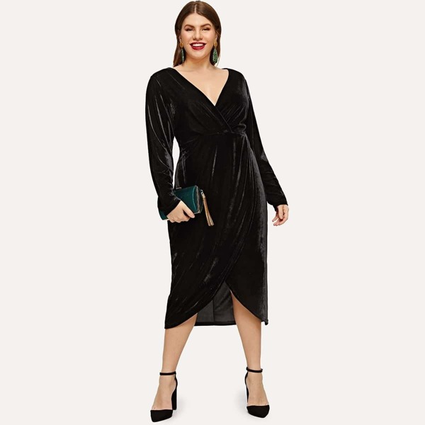 

Plus Plunge Neck Wrap Velvet Dress