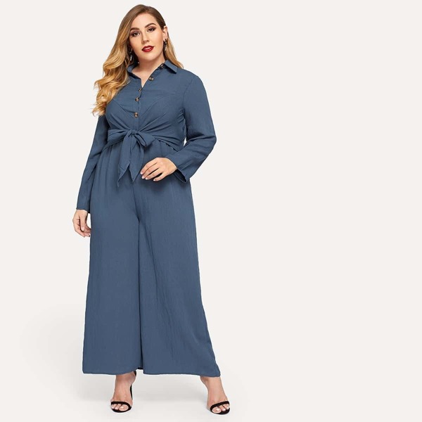 

Plus Waist Belted Button V-Neck Jumpsuit