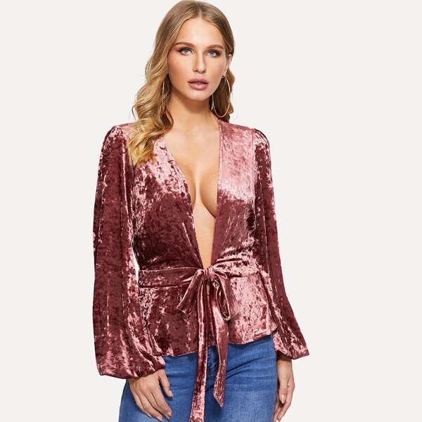 

Lantern Sleeve Tie Waist Velvet Peplum Coat