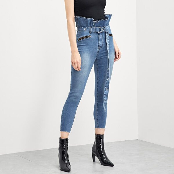 

Ruffle Waist Skinny Jeans With D-Ring Belt