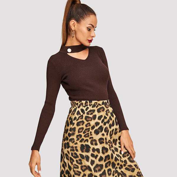 

V-Cut Choker Neck Ribbed Knit Sweater