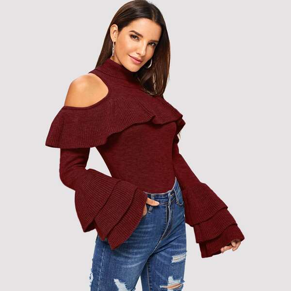 

Tiered Ruffle Sleeve Slim Fitted Sweater