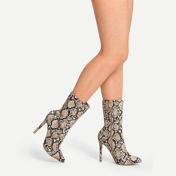 

Snakeskin Pattern Side Zipper Stiletto Boots, Multicolor