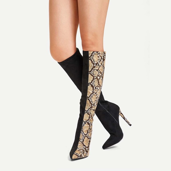 

Contrast Snakeskin Pattern Knee High Boots