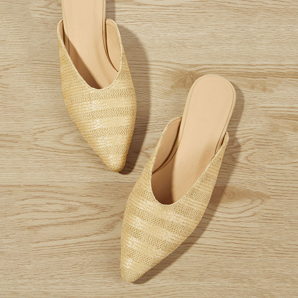 

Straw Detail Pointed Toe Flat Mules, Apricot
