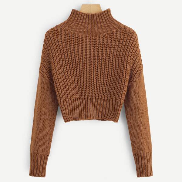 

Mock-neck Drop Shoulder Crop Sweater, Brown