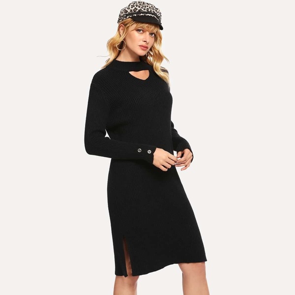 

Choker Neck Split Side Rib Sweater Dress, Black