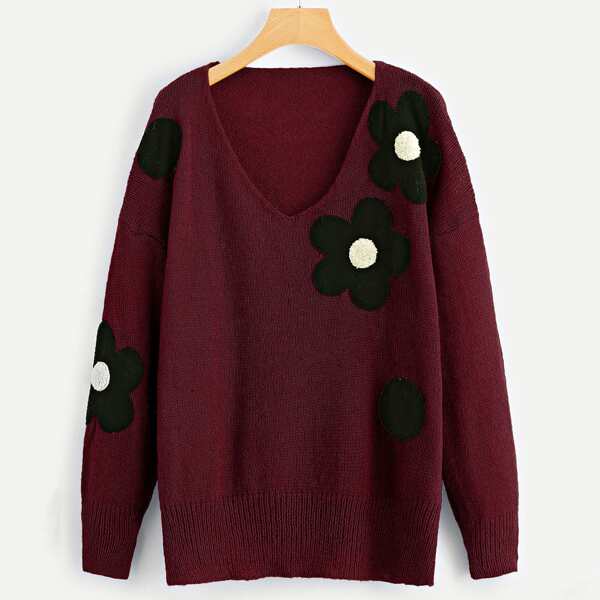 

Plus Drop Shoulder Floral Embroidered Sweater
