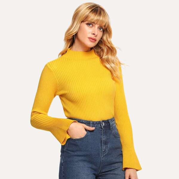 

Mock-neck Bell Sleeve Rib Knit Jumper