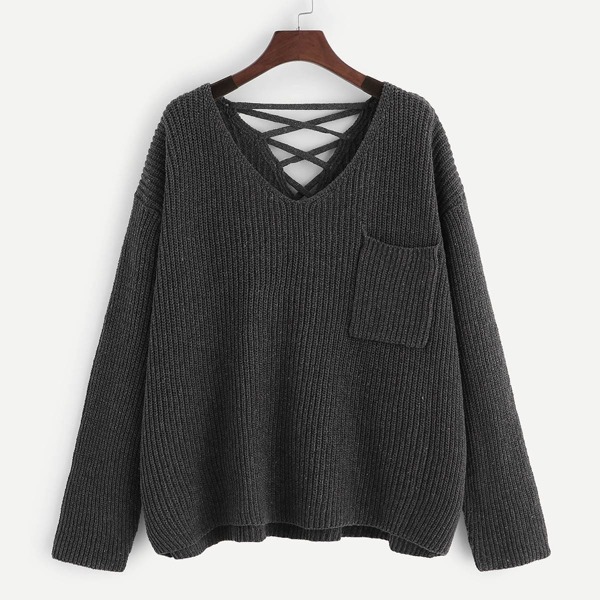 

Plus Pocket Patched Lace-up Back Jumper