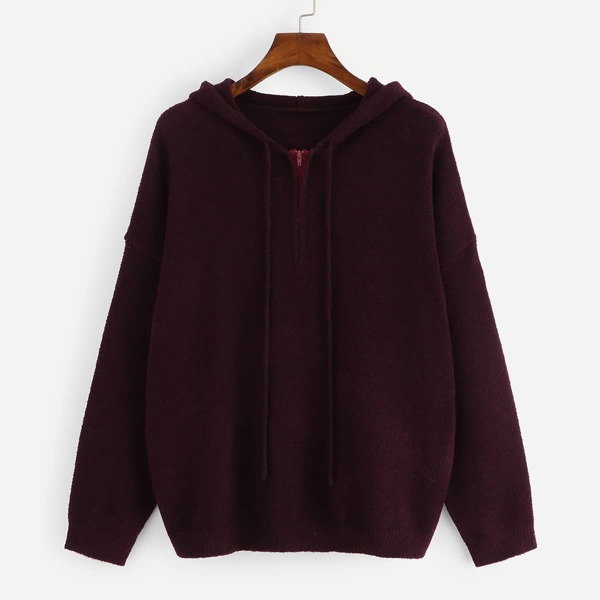 

Plus Half Placket Drawstring Hoodie Jumper, Burgundy