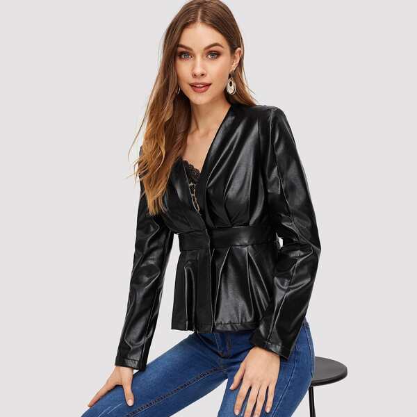 

Solid PU Peplum Blazer