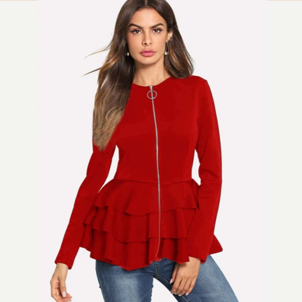 

O-Ring Zip Up Tiered Layer Hem Blazer