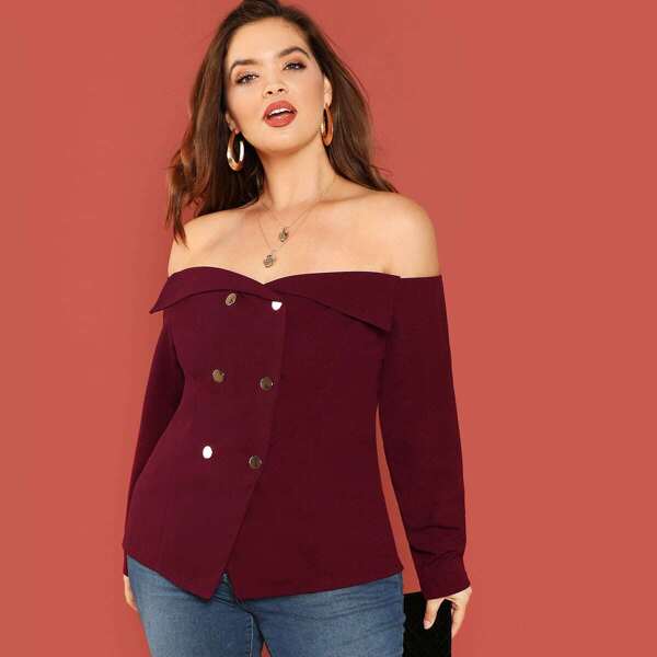 

Plus Double Breasted Off Shoulder Top, Burgundy