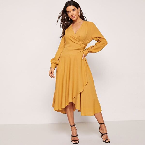 

Lantern Sleeve Surplice Wrap Buttoned Side Dress