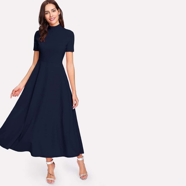 

Mock-neck Hidden Pocket Flowy Dress