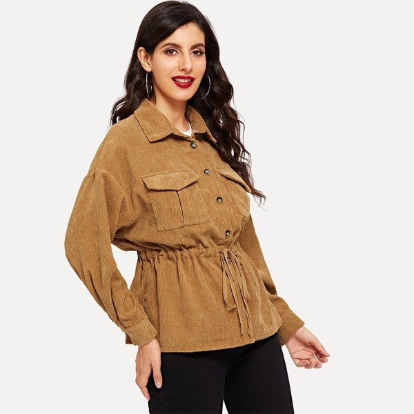 

Button & Pocket Front Drawstring Cord Utility Jacket, Khaki