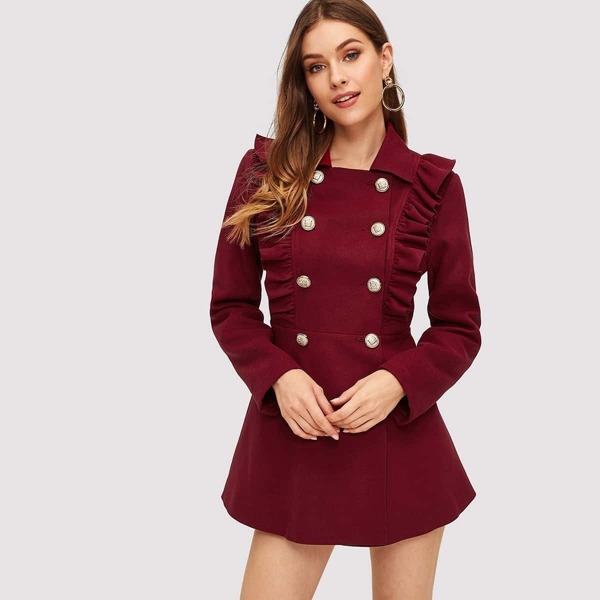 

Double Breasted Ruffle Trim Flared Trench Coat