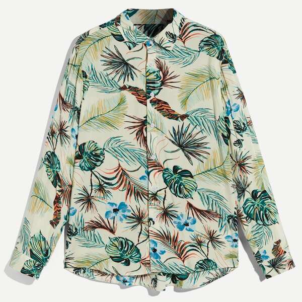 

Men Button Front Plants Print Shirt