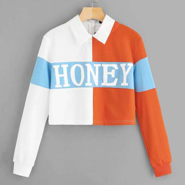 

Cut-and-Sew Letter Crop Sweatshirt, Multicolor