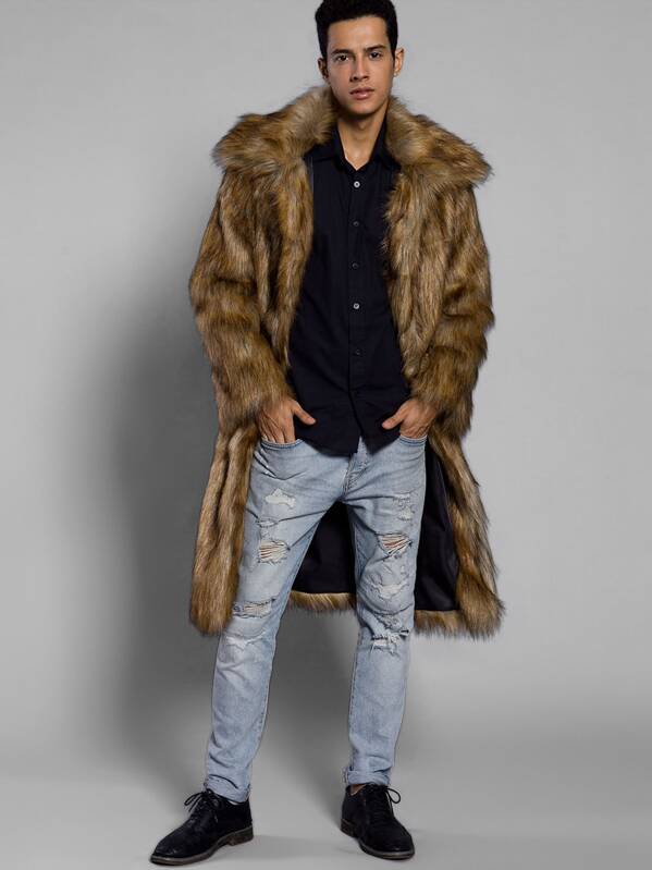 

Men Faux Fur Open Front Longline Coat, Camel
