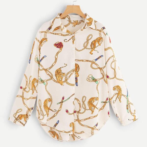 

Plus Chain And Tiger Print Blouse
