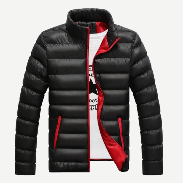 

Men Solid Stand Neck Puffer Coat, Black