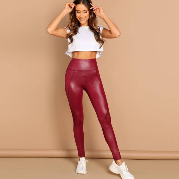 

Wide Waistband Solid Leggings, Burgundy