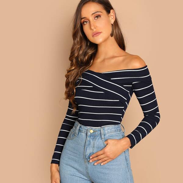 

Cross Wrap Off Shoulder Striped Tee, Navy blue