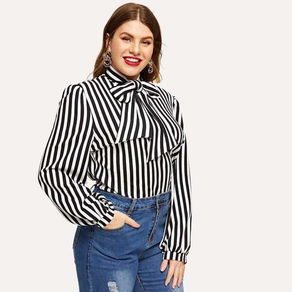 

Plus Vertical-stripe Tied Neck Blouse