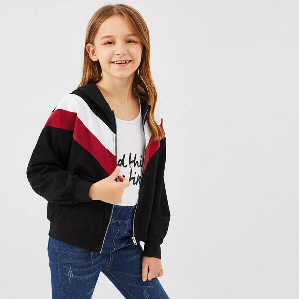 

Girls Zip Up Color Block Hoodie Jacket, Black