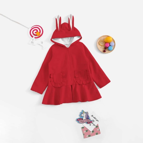 

Girls Frilled Pocket Rabbit Hooded Peplum Coat, Red