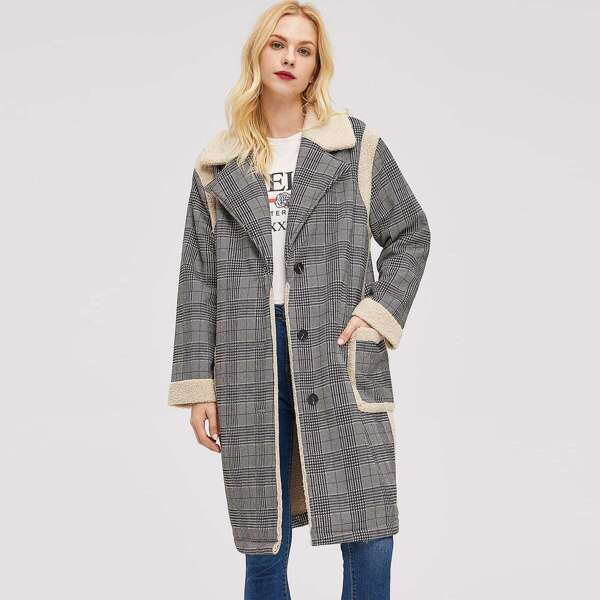 

Faux Fur Detail Button Up Plaid Coat, Multicolor