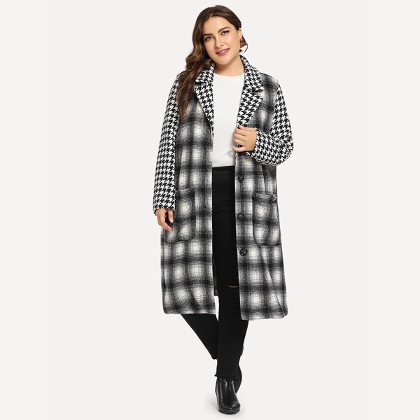 

Plus Notch Collar Button Up Coat, Black and white