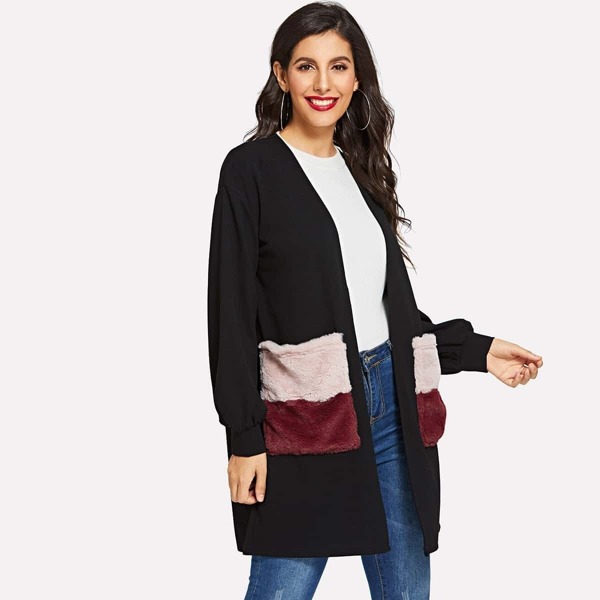 

Open Front Color Block Pocket Coat, Black