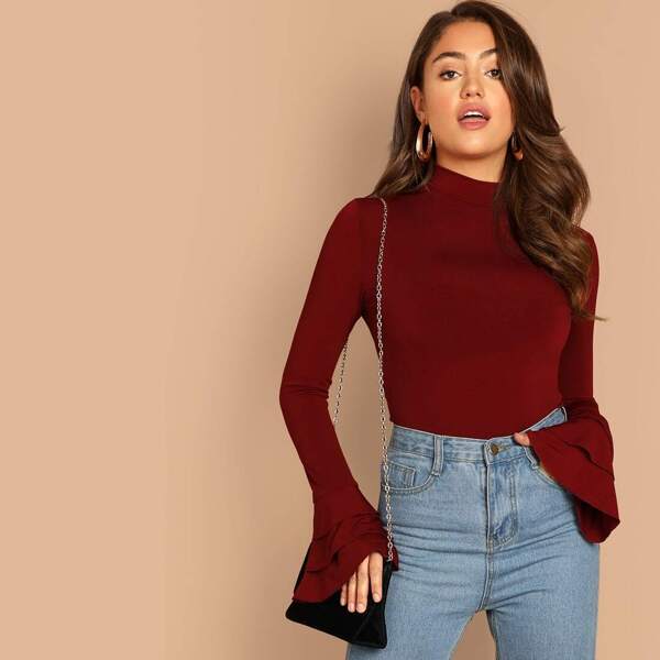 

Tiered Flounce Sleeve Mock Neck Tee