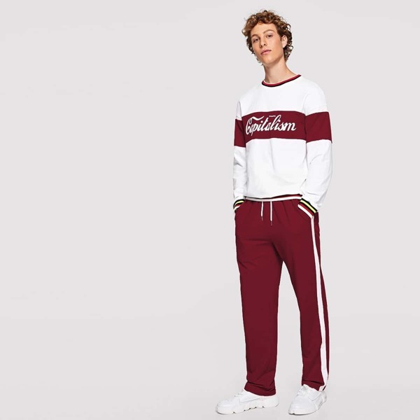 

Men Striped Trim Lettering Top & Pants Set