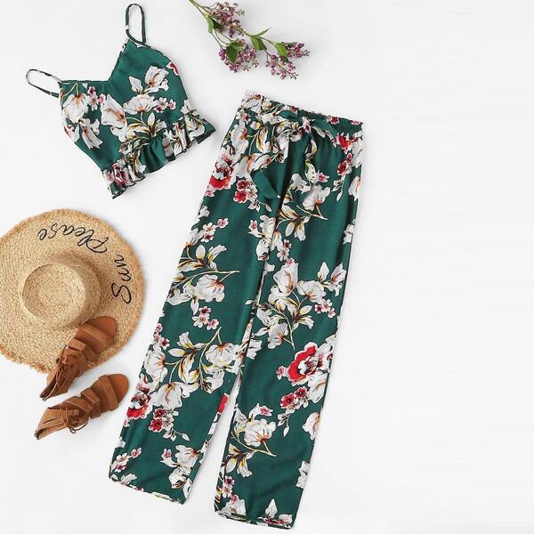 

Ornate Print Ruffle Cami & Pants PJ Set, Green