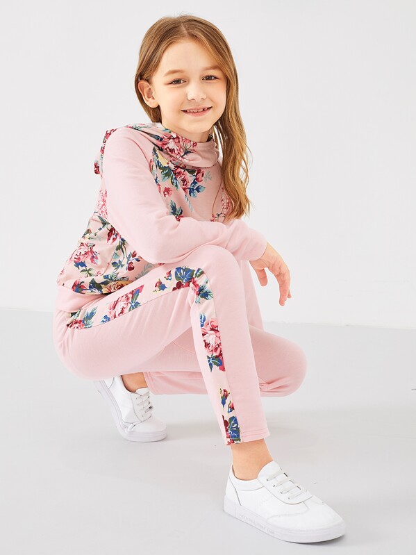

Girls Raglan Sleeve Floral Hoodie & Pants Set, Pink