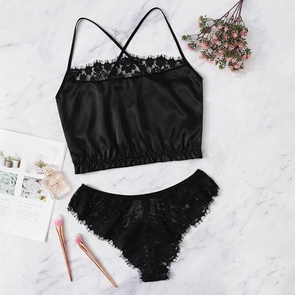 

Criss Cross Satin Lace Trim Cami Top & Panty 2pack
