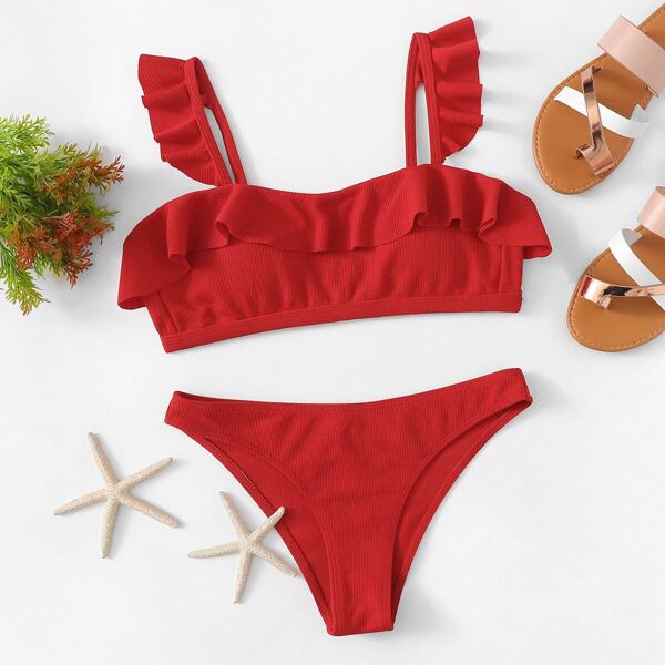 

Ribbed Ruffle Square Neck Bikini Set
