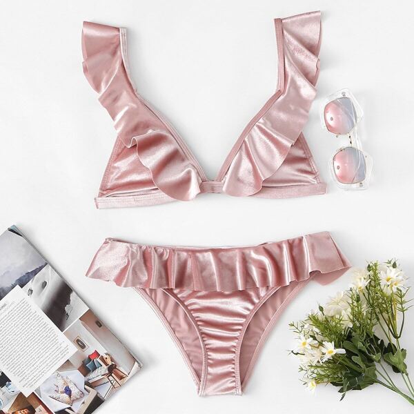 

Ruffle Plunging Velvet Bikini Set
