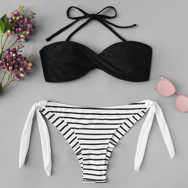 

Twist Halter Top With Striped Tie Side Bikini, Black and white