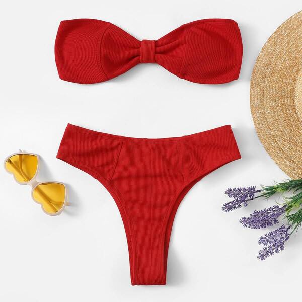 

Ribbed Knot Front Bandeau With High Cut Bikini